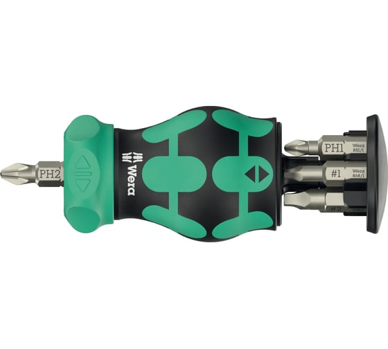 Короткая отвёртка-битодержатель с трещоткой, с битами WERA Kraftform Kompakt Stubby Magazin RA 4 6 пр., 1/4 C 6.3: PH 1/2, SL 5.5/6.5, Robertson R1/2 NEW WE-008893