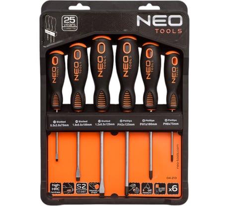 Набор отверток NEO Tools 6 шт, SL/PH, S2, двухкомпонентная рукоятка, на планке 04-213