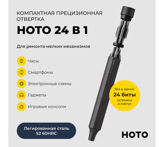 Прецизионная отвертка HOTO с 24 битами в комплекте, графит QWLSD004 HTT0005EU