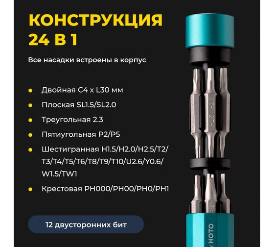 Прецизионная отвертка HOTO с 24 битами в комплекте, графит QWLSD004 HTT0005EU