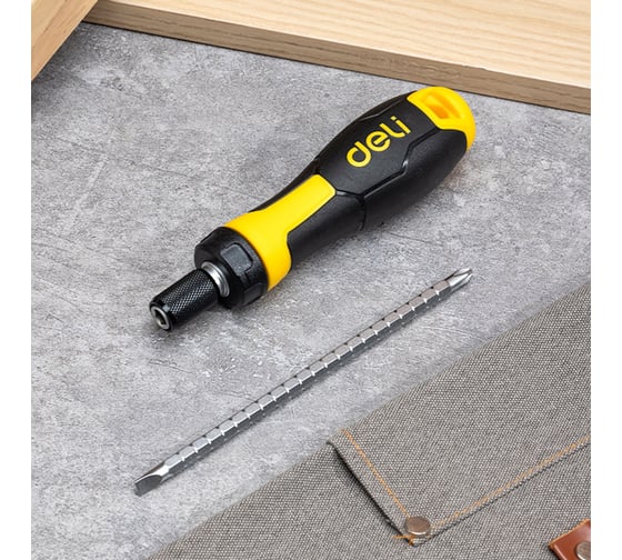 Двухсторонняя отвертка DELI DL626011 с трещоткой, PH2+SL6 180 мм 98383