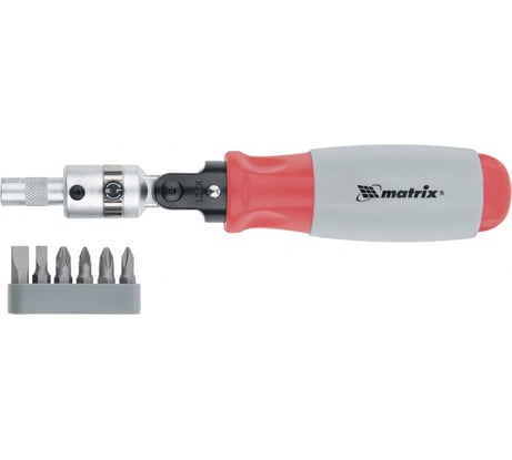 Реверсивная отвертка с поворотной головкой и набором бит 6 шт MATRIX 11548