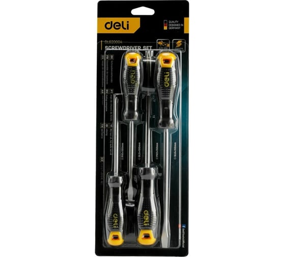 Набор отверток DELI dl620004 SL5x100, SL6x150, PH1x100, PH2x150, 4 шт. 104546