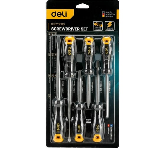 Набор отверток DELI dl620006 SL5x75, SL5x100, SL6x150, PH1x75, PH1x100, PH2x150, 6 шт. 104547