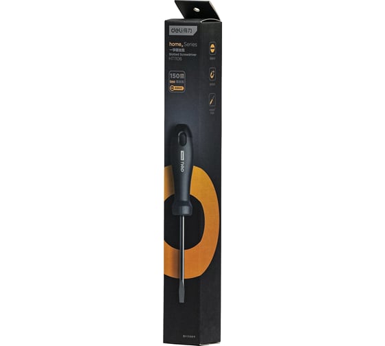 Шлицевая отвёртка DELI Home Series Black HT1106 SL6x150мм, Cr-V, Soft Touch рукоятка, подарочная упаковка 104605
