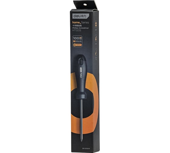 Крестовая отвертка DELI Home Series Black HT1205 PH1x100мм, Cr-V, Soft Touch рукоятка, подарочная упаковка, эксклюзивный дизайн 104607