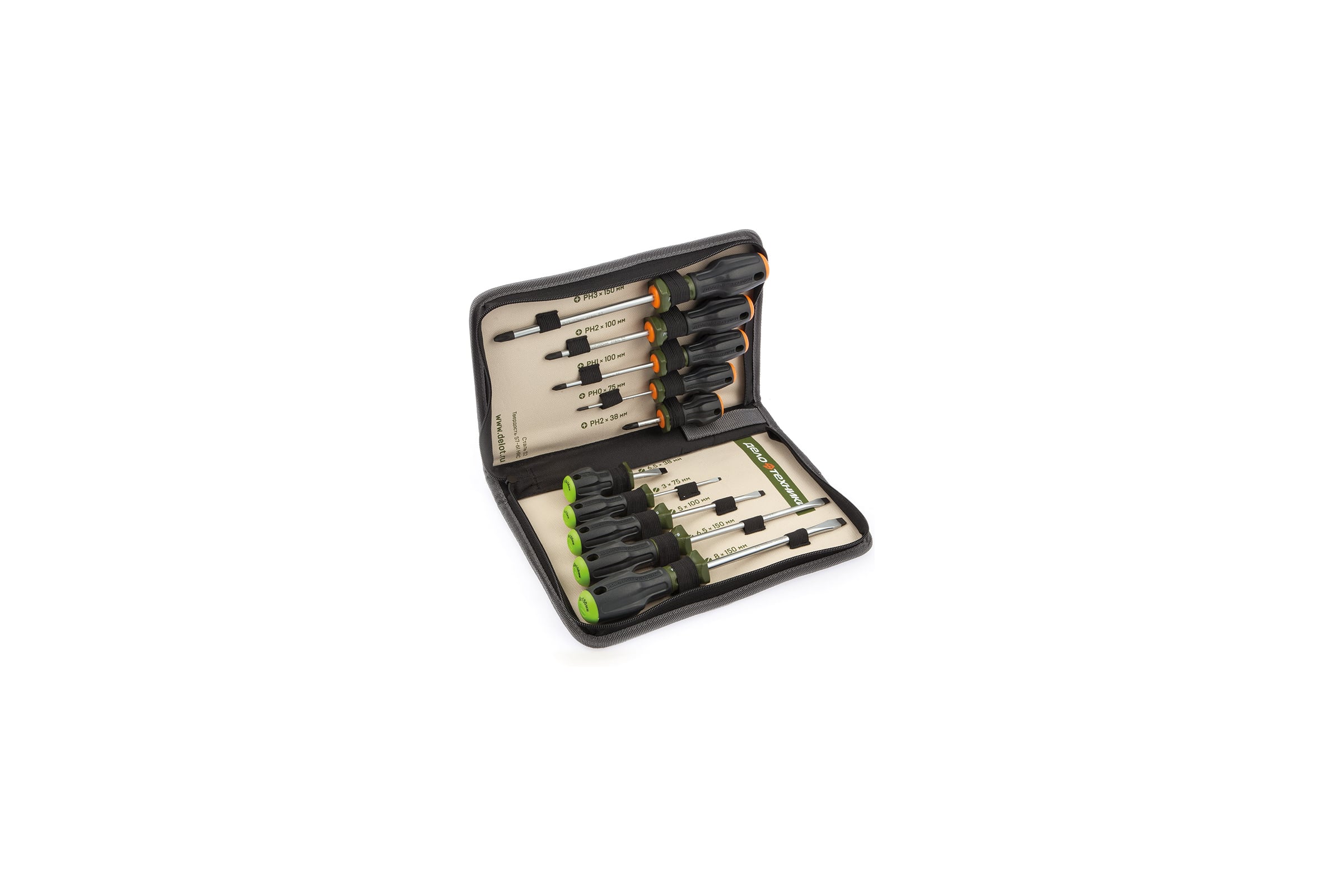 НаборотвертокДелоТехникиcтрехкомпонентнымирукояткамиPH,SL;10шт.728100