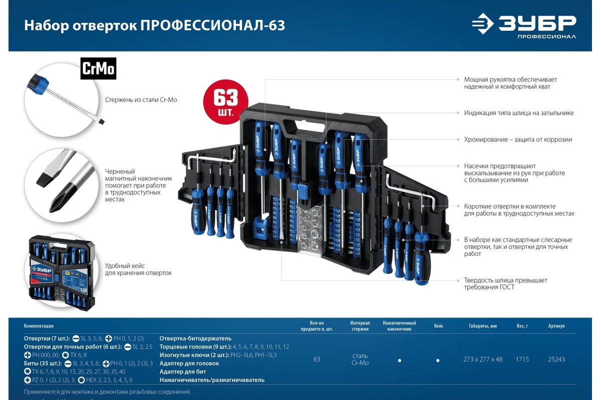 Набор отверток с насадками ЗУБР Профессионал-63 63 шт. 25243