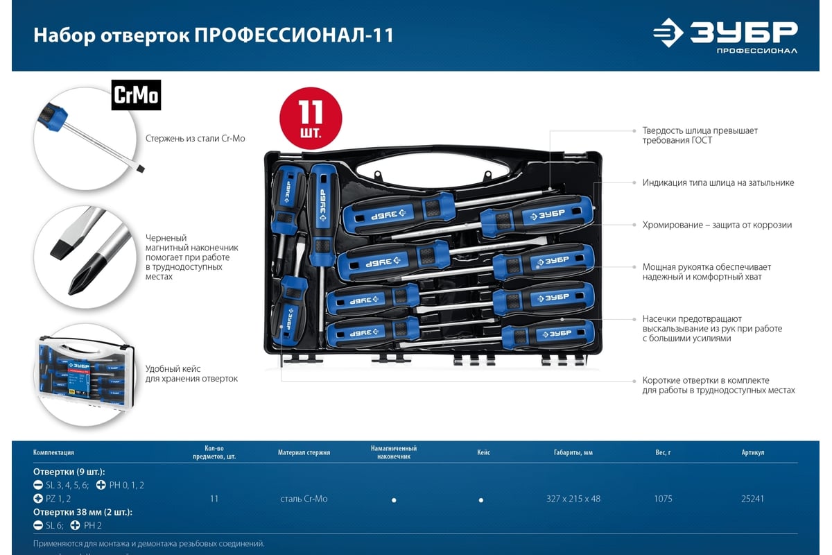 Набор отверток ЗУБР Профессионал-11 в кейсе 11 шт. 25241 - выгодная ...
