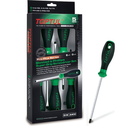 Набор отверток TOPTUL 5 предметов крест и шлиц в картоне, GFE-0501
