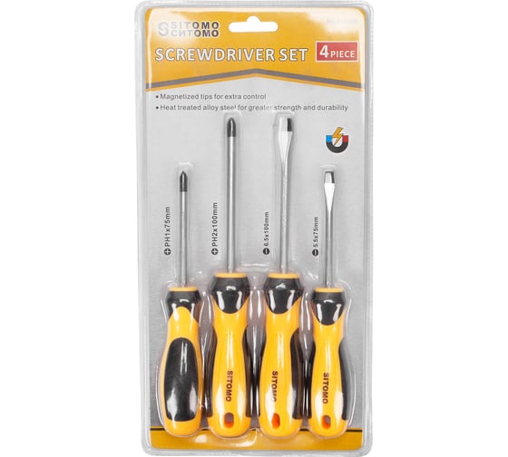 Набор отверток SITOMO SL5.5x75, SL6.5x100, PH1x75, PH2x100, CrV, 4шт. 856499