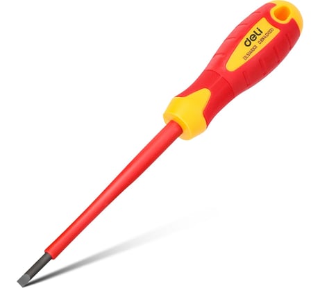 Диэлектрическая шлицевая отвертка DELI dl5141001 4x100 мм, сертификат vde до 1000 В, магнитный наконечник, сталь cr-v, рукоять pp+tpr 110582