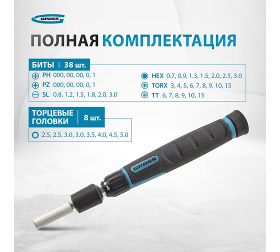 Отвертка с набором бит и торцевых головок для точных работ GROSS 48 шт., гибкий провод, CrMo 11599