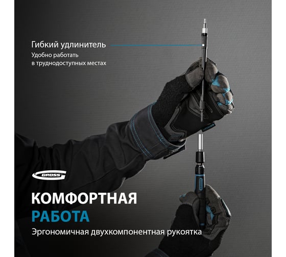 Отвертка с набором бит и торцевых головок для точных работ GROSS 48 шт., гибкий провод, CrMo 11599