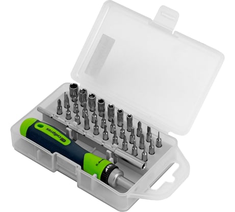 Реверсивная отвертка для точных работ с набором бит и торцевых головок СИБРТЕХ 32 предмета 13370