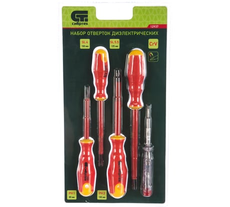 Набор диэлектрических отверток до 1000В, тестер, CrV, двухкомпонентные рукоятки, 5шт СИБРТЕХ 12937