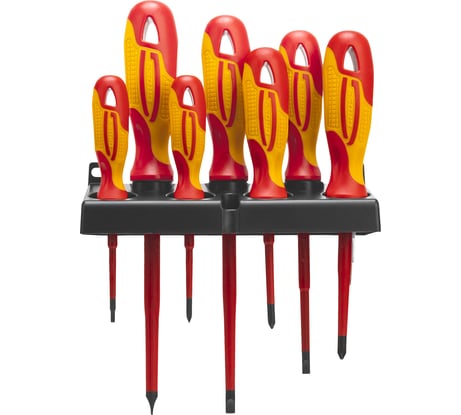 Набор диэлектрических отверток до 1000В, тестер, CrMo, двухкомпонентные рукоятки 8шт GROSS 12950