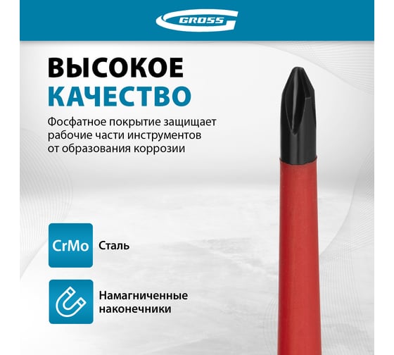 Набор диэлектрических отверток до 1000В, тестер, CrMo, двухкомпонентные рукоятки 8шт GROSS 12950
