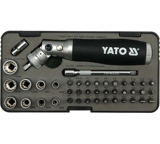 Отвертка с трещоткой, головки и биты YATO 42 предмета YT-2806
