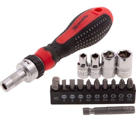 Реверсивная отвертка с набором бит и насадок торцевых MATRIX 1/4", 16шт. 11332