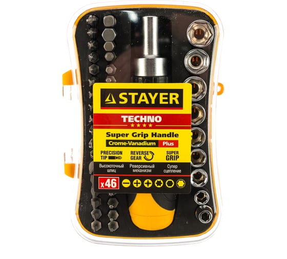 Реверсивная отвертка с битами и торцевыми головками 46шт STAYER MASTER ТECHNO 25084-H46