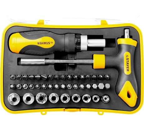 Набор: реверсивная отвертка, Т-образная отвертка-битодержатель, адаптер для торцевых головок, 43шт STAYER MASTER ТECHNO 25084-H43