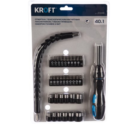 Отвертка с гибким приводом и набором головок и бит KROFT 40 в 1 203018