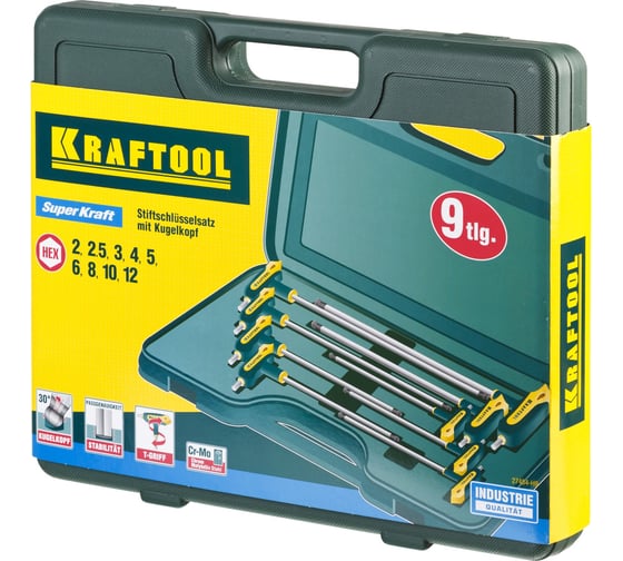 Т-образные имбусовые ключи HEX с шариком, 9шт в боксе Kraftool INDUSTRIE 27454-H9