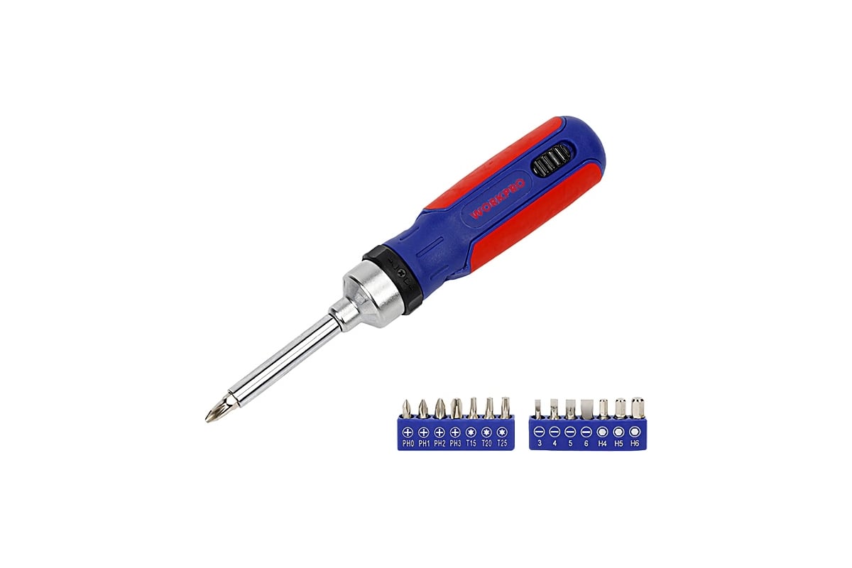 Реверсивная отвертка с трещоткой WORKPRO 3-72 15в1 (14 насадок ...