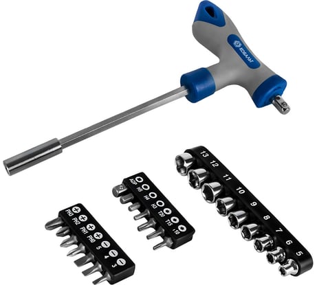 Т-образная отверточная рукоятка КОБАЛЬТ с набором бит и торцевых головок 245-473