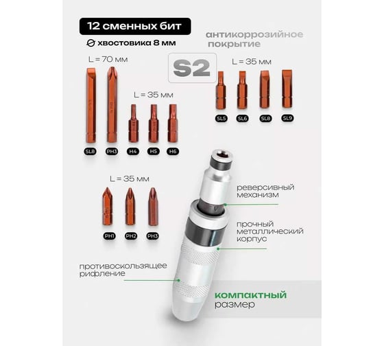 Ударная отвертка с комплектом вставок и адаптером ROCKFORCE 14 предметов RF-5064C RF-5064C(50549)