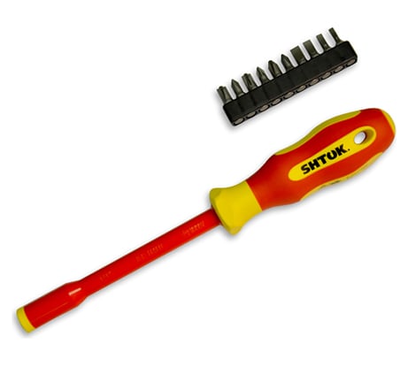 Диэлектрическая отвертка-битодержатель с набором бит 10+1 SHTOK 09340