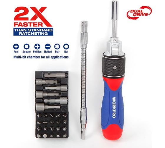 Отвертка WORKPRO 2X DRIVE с трещоткой, 28 предметов WP221053