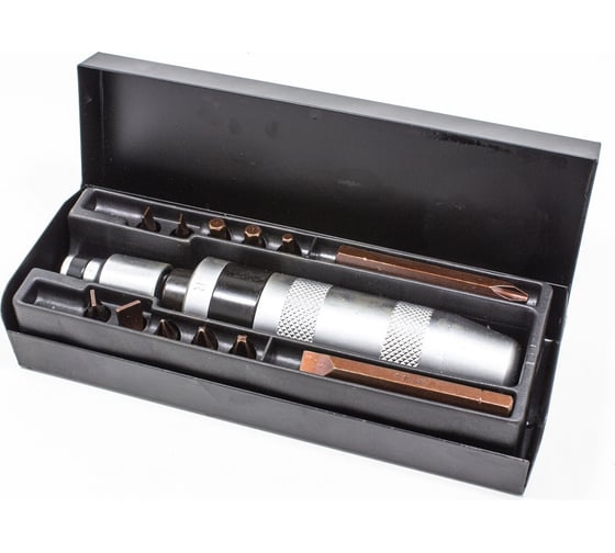 Ударная отвертка с набором бит и адаптером Forcekraft 14пр, 1/2" F х5/16" F PH1,2,3x35 мм; PH3x70 мм; SL5,6,8,9x35 мм; SL8x70 мм; H4,5,6x35 мм, в метал, кейсе FK-5064C(50542) 1