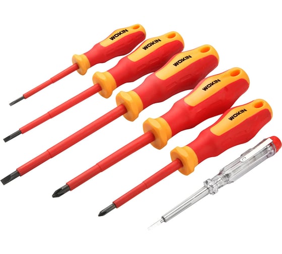 Набор диэлектрических отверток vde Wokin 6 шт, SL3x75, SL4x100, SL5.5x125, PH1x80, PH2x100 + индикаторная отвертка 3x140 мм 1352700
