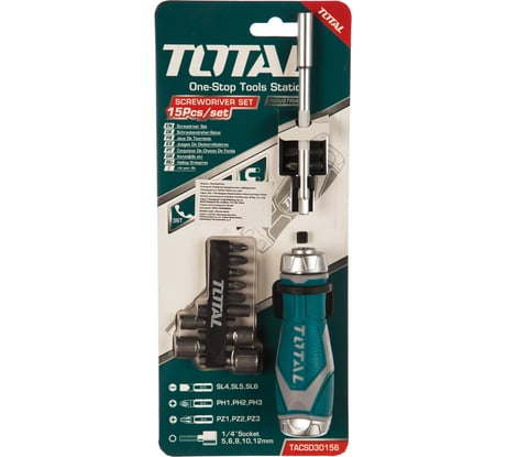 Отвертка реверсивная с насадками 15 шт. TOTAL TACSD30156