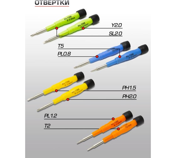 Набор ювелирных отверток для точных работ BaumAuto PH1.5, 2.0, SL2.0, Y2.0, PL0.8, 1.2, T2, T5, 9 предметов в пластиковом футляре BM-3031319(15704)