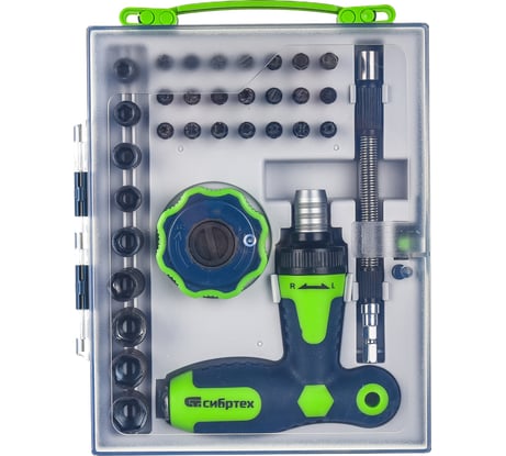 Т-образная отвертка и трещотка, реверсивные, с набором бит, торцевых головок СИБРТЕХ 13383