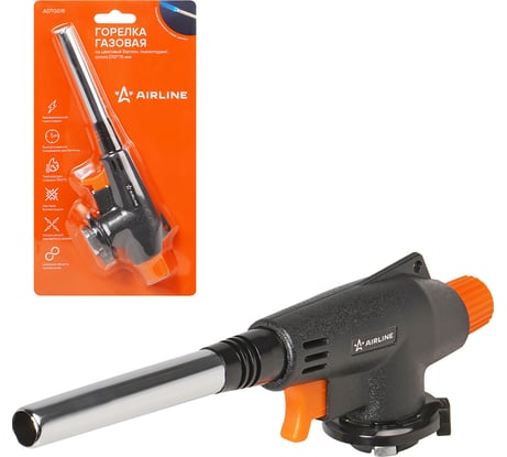 Горелка газовая Airline на цанговый баллон пьезоподжиг, сопло D12x75 мм ADTG015