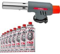 Комплект горелка-насадка газовая с пьезоподжигом NIKA ТМ 03 газ цанговый Кабан 8 баллонов ЦБ-00011490