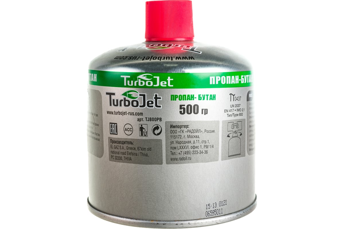 Газовый баллон Turbojet ПРОПАН-БУТАН 500 г, резьба 7/16 TJ800PB - выгодная  цена, отзывы, характеристики, фото - купить в Москве и РФ