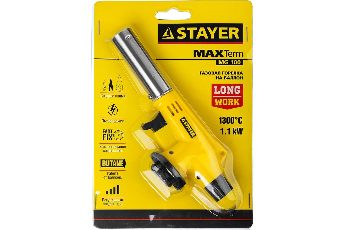 Газовая горелка STAYER MaxTerm на баллон, с пьезоподжигом, 1300С 55584