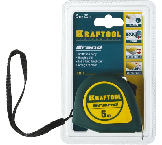Рулетка KRAFTOOL Grand 5 м, 25 мм, обрезиненный пластиковый корпус 34022-05-25