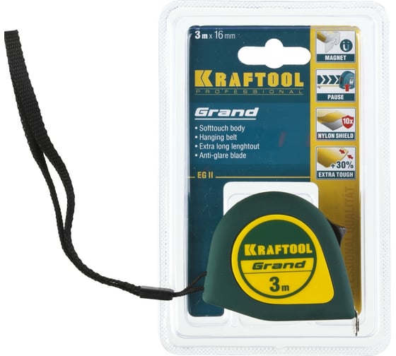 Рулетка KRAFTOOL Grand обрезиненный пластиковый корпус, 3м х 16мм 34022-03-16