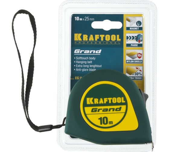 Рулетка KRAFTOOL Grand 10м/25мм, обрезиненный пластиковый корпус 34022-10-25