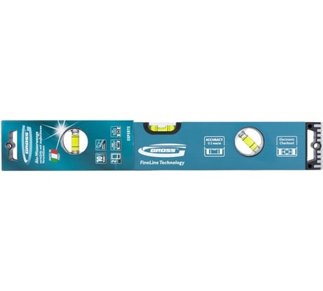 Алюминиевый уровень 400 мм, усиленный с ударопрочными заглушками, 3 глазка GROSS 34324