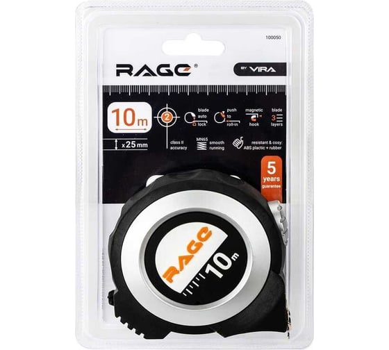 Измерительная рулетка RAGE by VIRA 10 м х 25 мм с магнитным зацепом и автостопом 100050