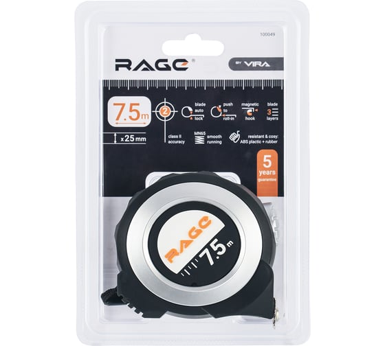 Измерительная рулетка RAGE by VIRA 7.5 м х 25 мм с магнитным зацепом и автостопом 100049