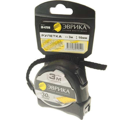 Рулетка Эврика 3м 16мм BLACK металл. корпус с одним фиксатором с держателем ER-47316 987307