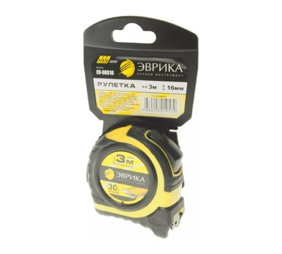 Рулетка ЭВРИКА YELLOW 3м, 16мм, Pro-Grade с держателем ER-59316 1